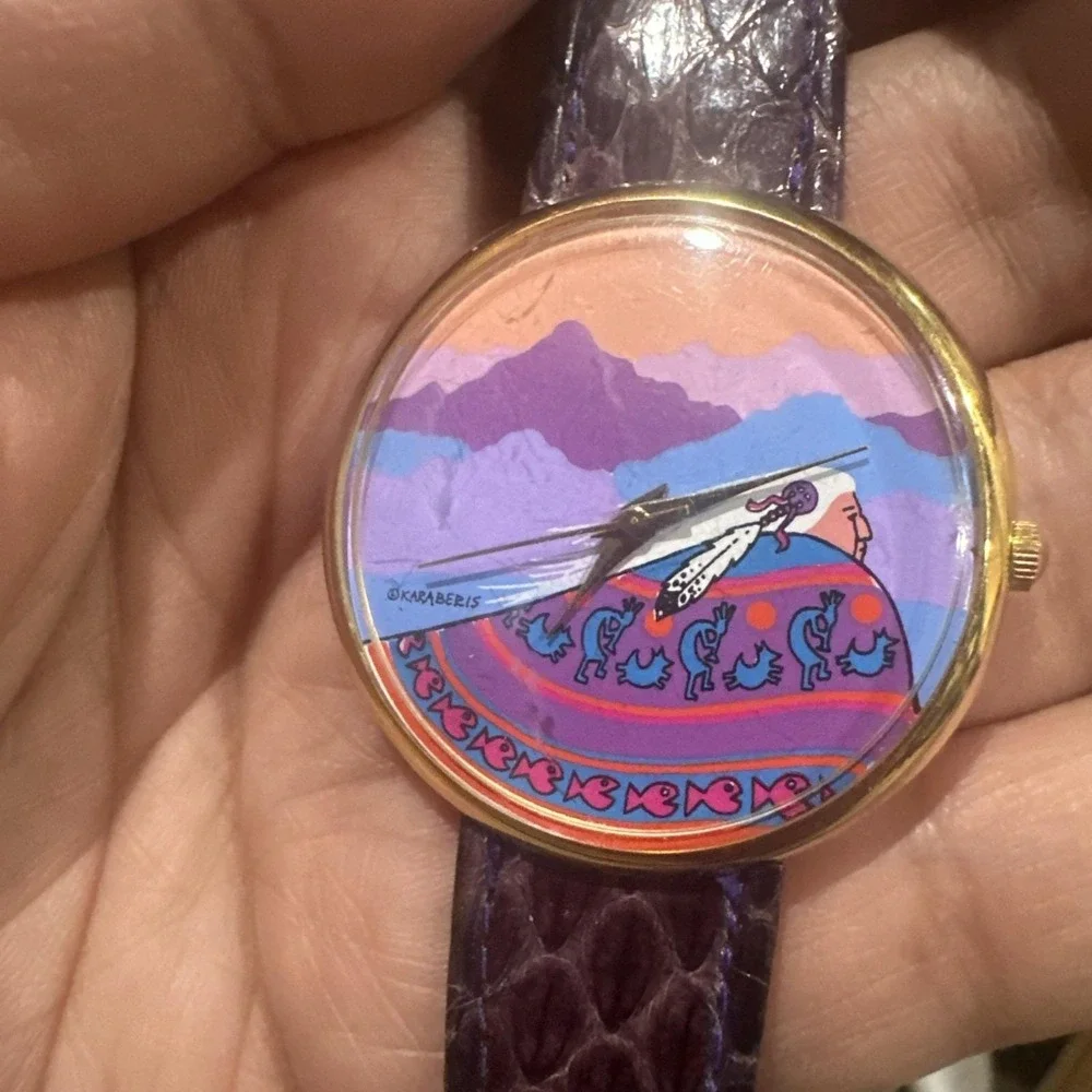 VTG Karaberis Art Watch Kokopelli Southwest Spirit Purple Python Snake Band RUNS